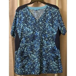 Carhartt‎ Force Women's Blue Abstract Scrub Top XLarge V Neck Comfy Pockets